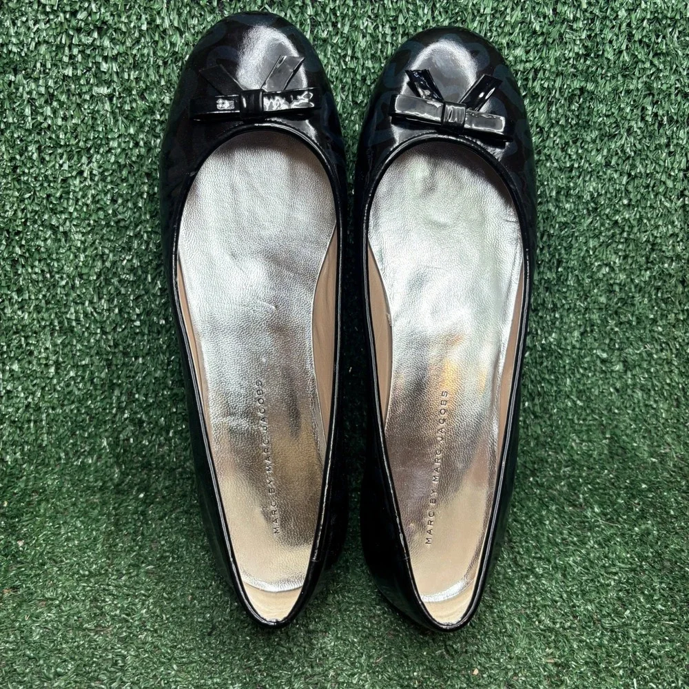 Marc By Marc Jacobs Heart Patent Leather Bow Ballet Flats Black Womens 10.5-11
